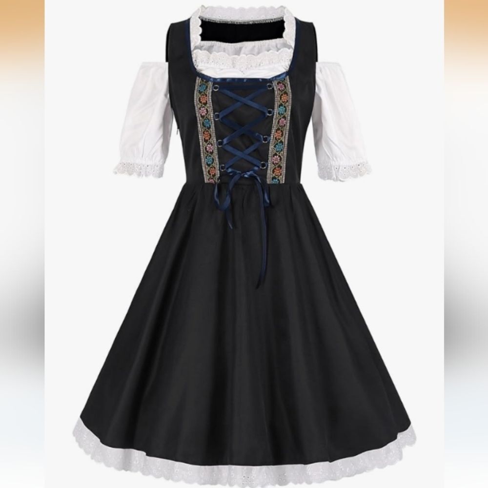 Black White Blue Dirndl Dress with Embroidered Details Size Small NWOT